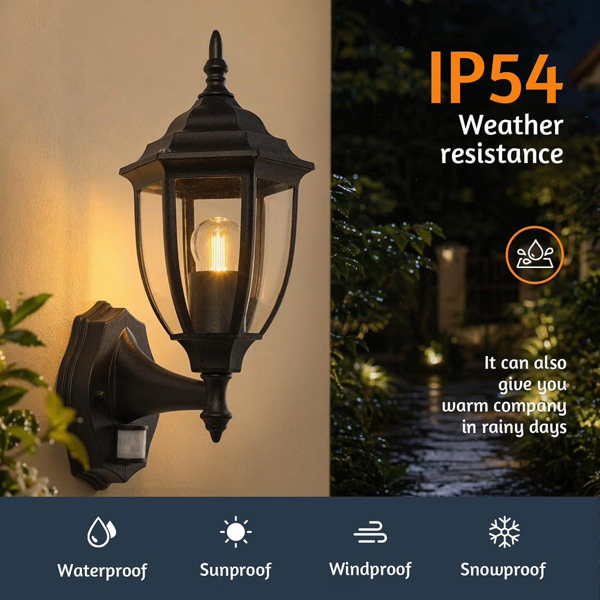 Outdoor Wall Light PIR Motion Sensor Waterproof E27 Black Aluminium Porch Lantern