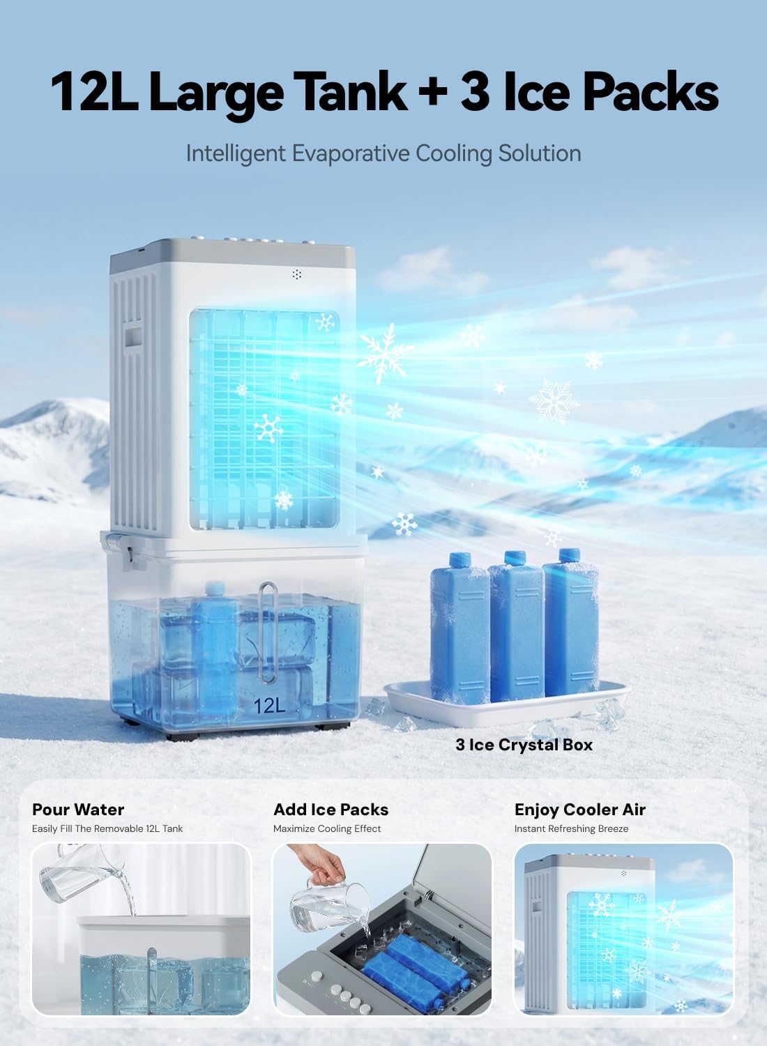 Portable Air Cooler 12L 3 in 1 70W 3 Speed 60° Oscillation Quiet Cooling Fan