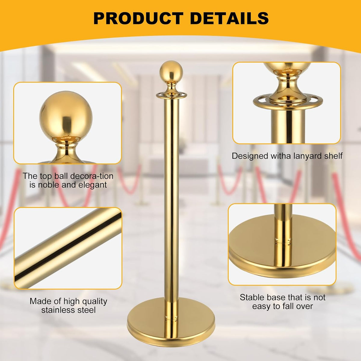 Queue Barrier Posts 4 Pack Gold Stanchions 3 Red Velvet Ropes Crowd Control
