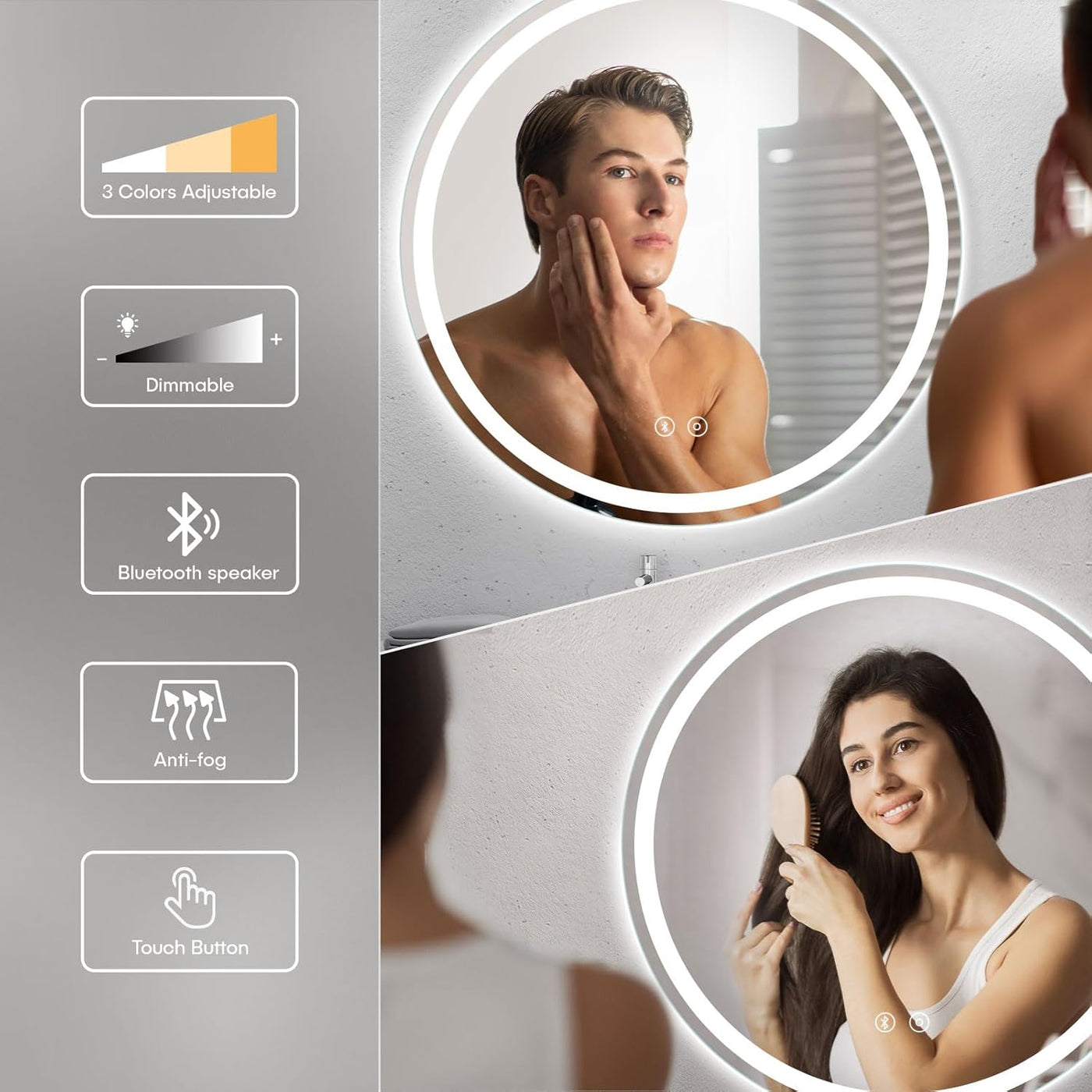 Dripex 600mm Round Bluetooth LED Bathroom Mirror with Dimming Light, Anti-Fog