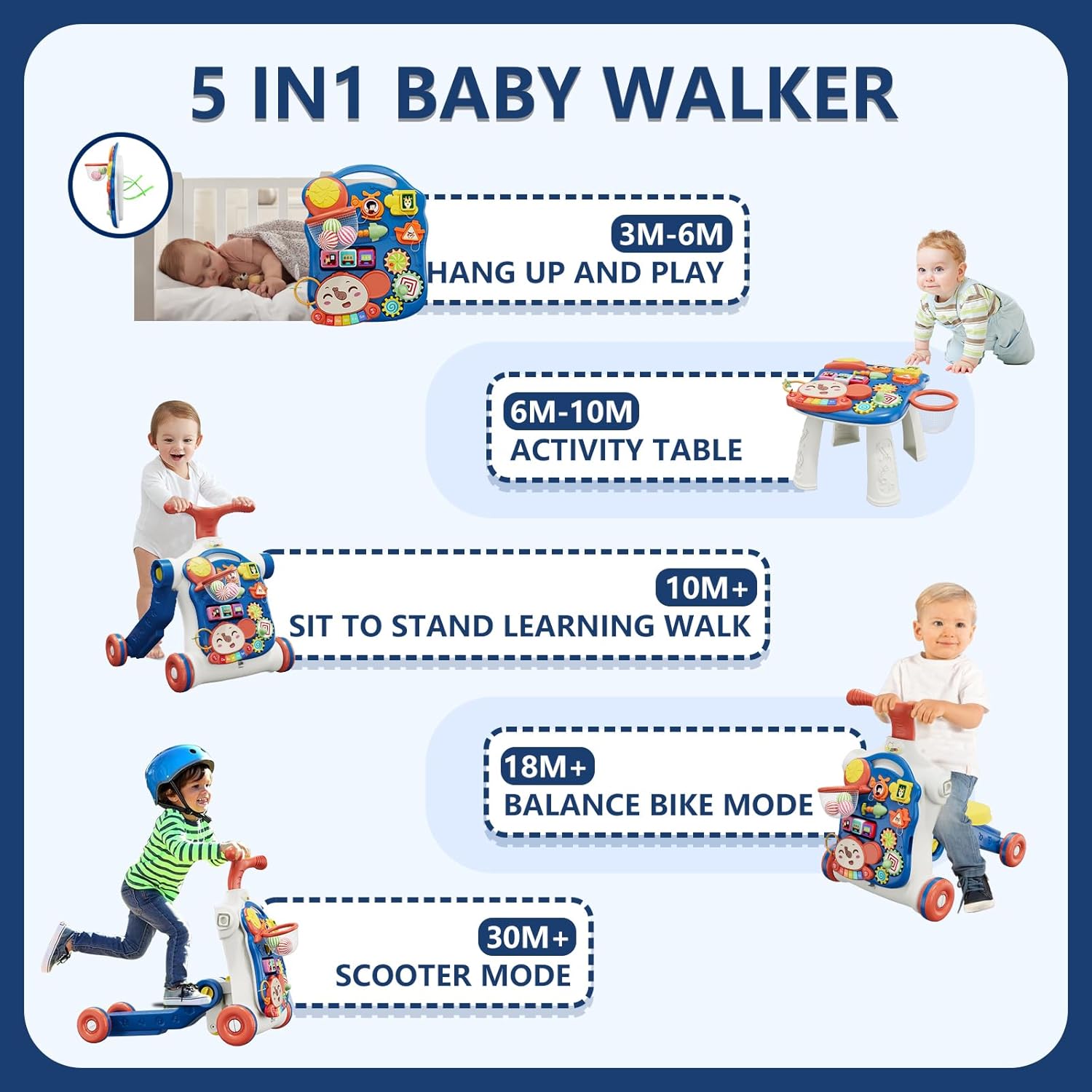 Baby Walker 5 in 1 Activity Push Walker Sit to Stand with Music HYES