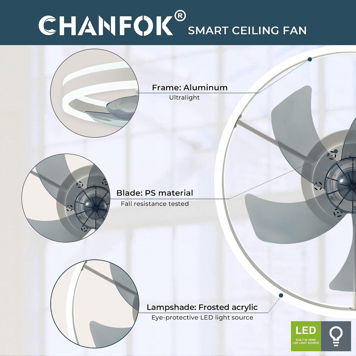 Smart Ceiling Fan with Light 20 Inch Alexa Google App Remote White CHANFOK LED