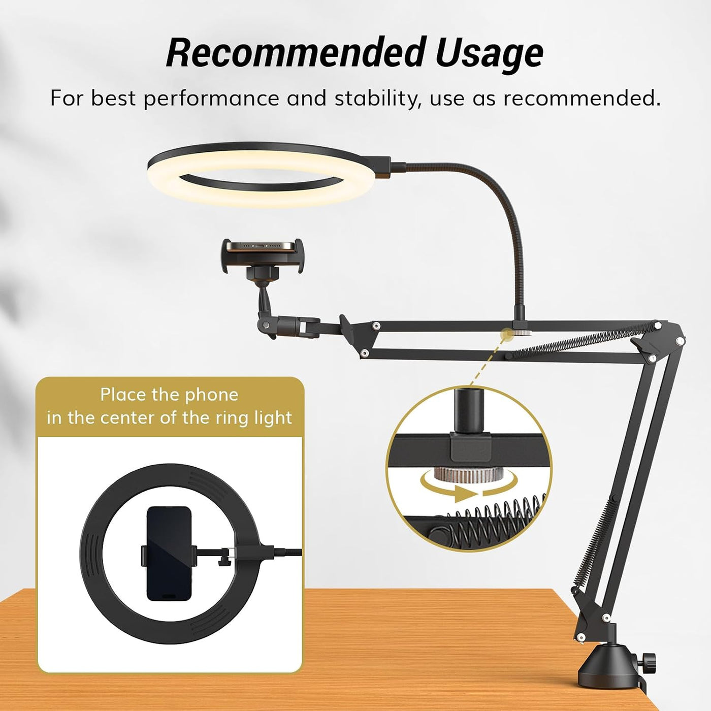 Overhead Ring Light 10 Inch Boom Arm Phone Holder Video Streaming TONOR Kit