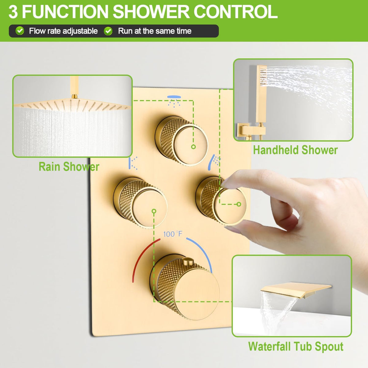 12 Inch Shower System Brass Mixer Waterfall Tub Spout Brushed Gold Bathroom Set