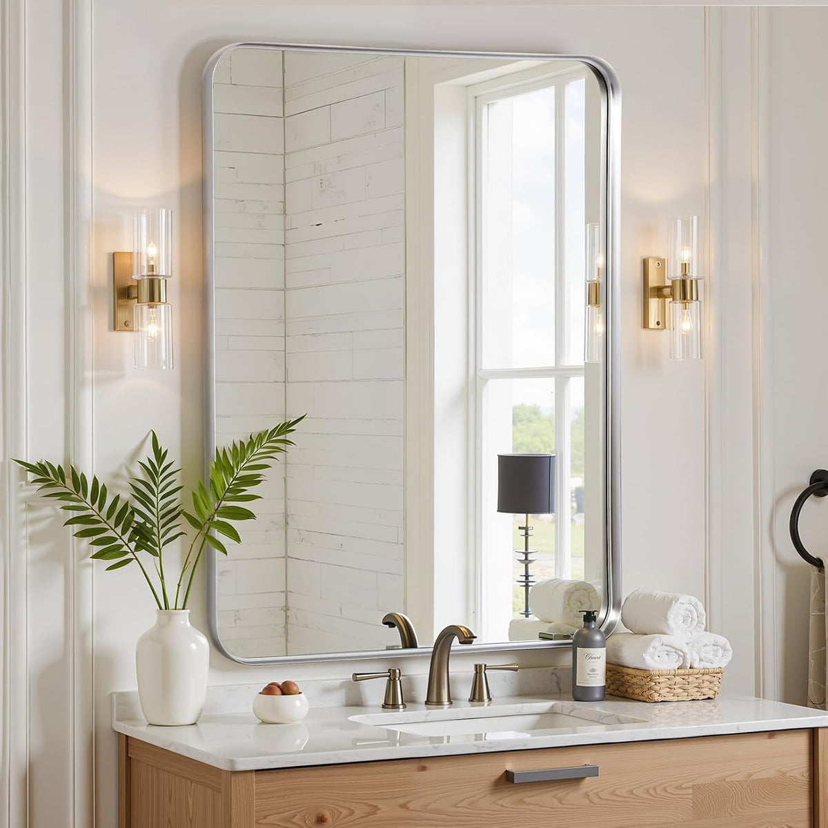 Wall Mirror 60x90cm Silver Frame Rectangle Curved Corners Bathroom Vanity Decor