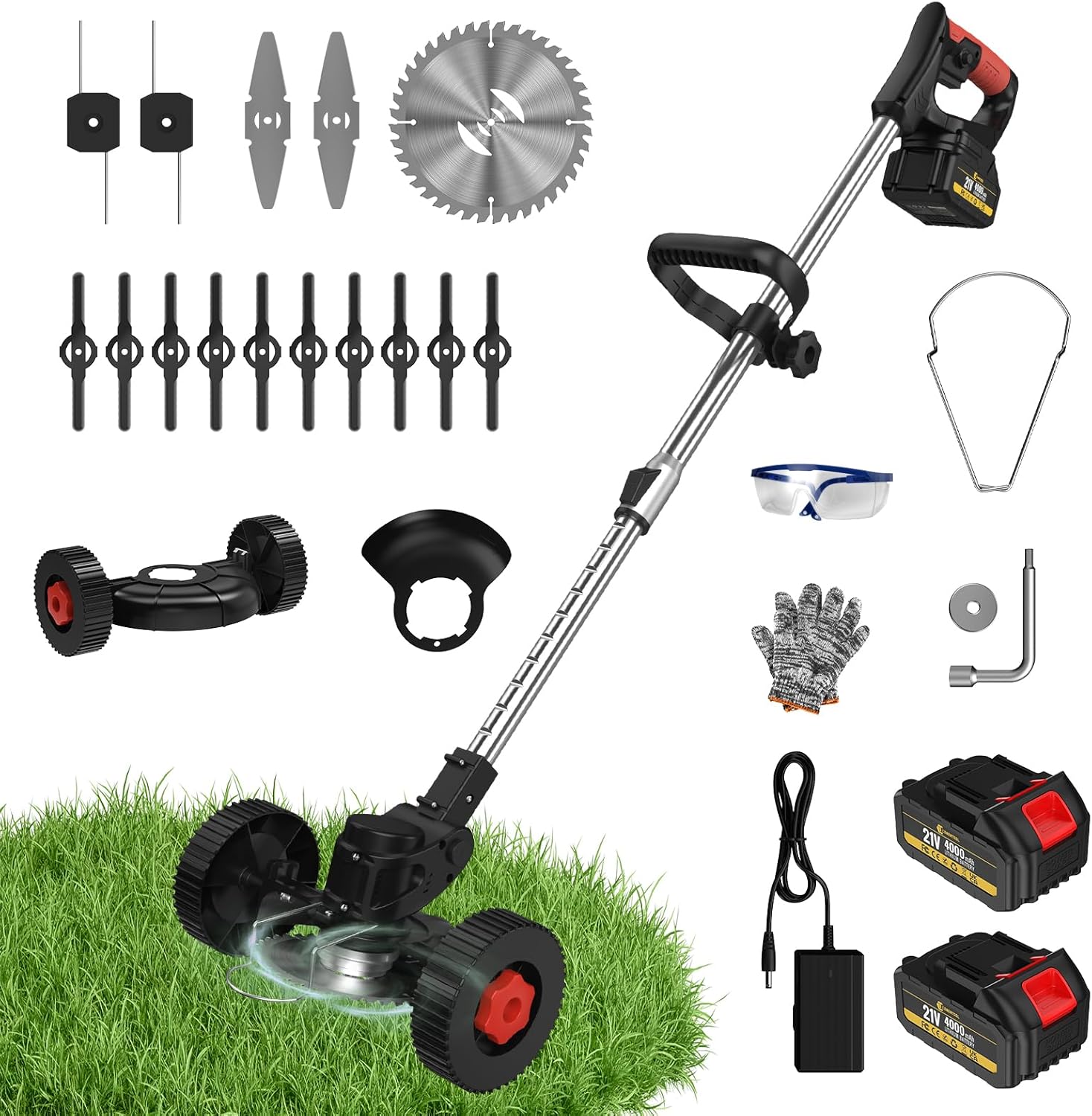Gardening tool set with grass trimmer, batteries, and accessories on a white background.