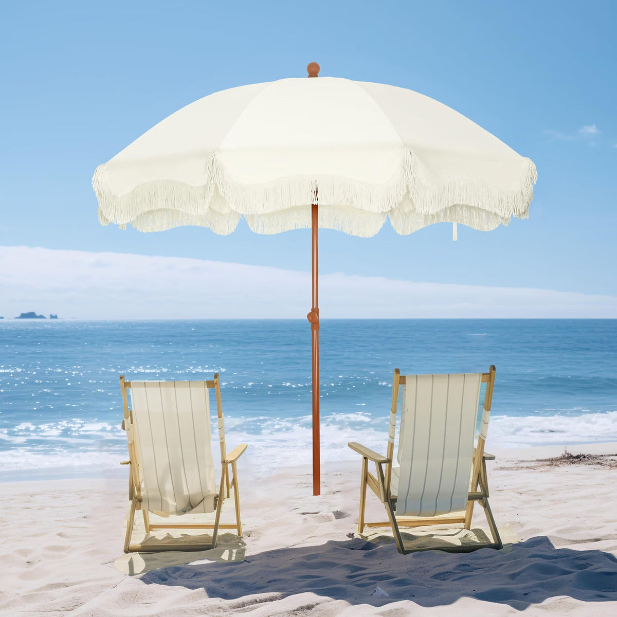 Beach Umbrella 2M UPF 50+ Fringed Boho Parasol Ground Drill Ivory PHI VILLA Patio