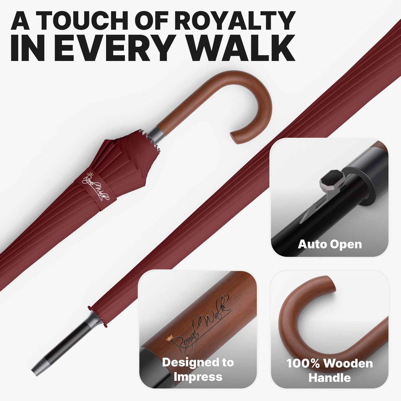 Windproof Umbrella 54 Inch Automatic Open Wooden Handle Royal Walk