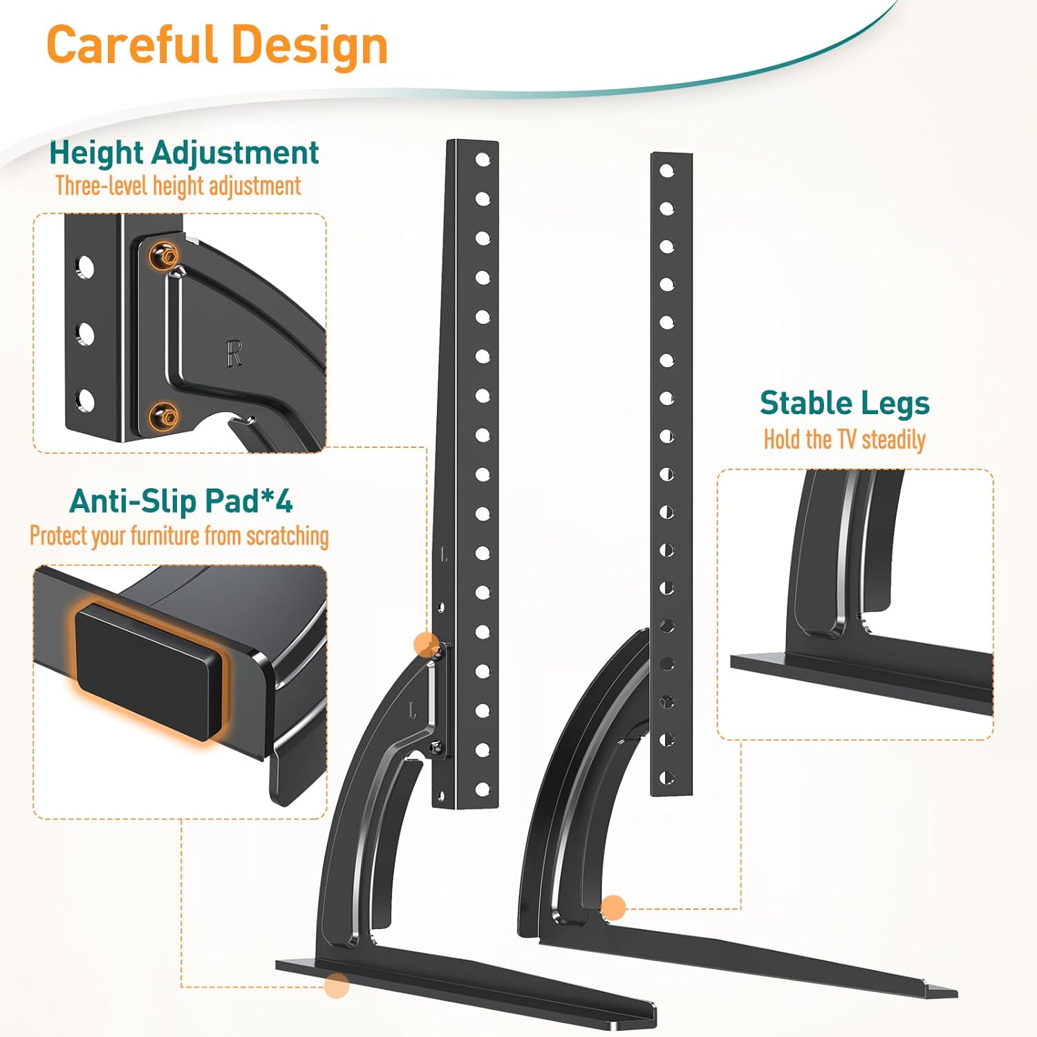 TV stand with height adjustment, stable legs, and anti-slip pads on a white background