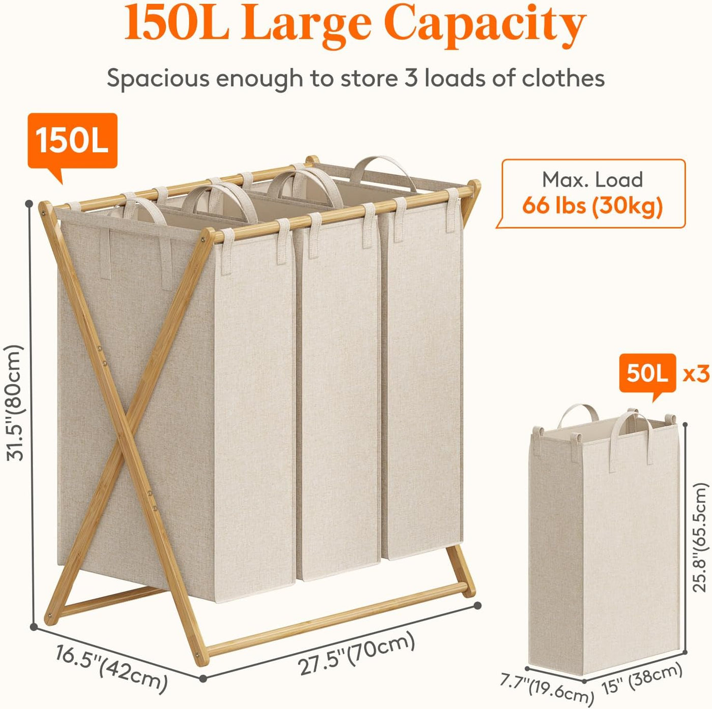Lifewit 150L Bamboo Laundry Hamper with 3 Compartments, Foldable Basket