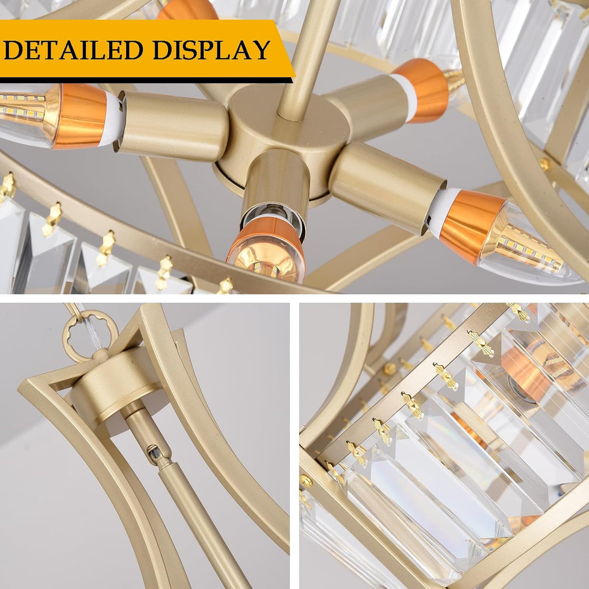 Crystal Chandelier 5 Light Gold Drum Pendant Adjustable Height Modern Ceiling