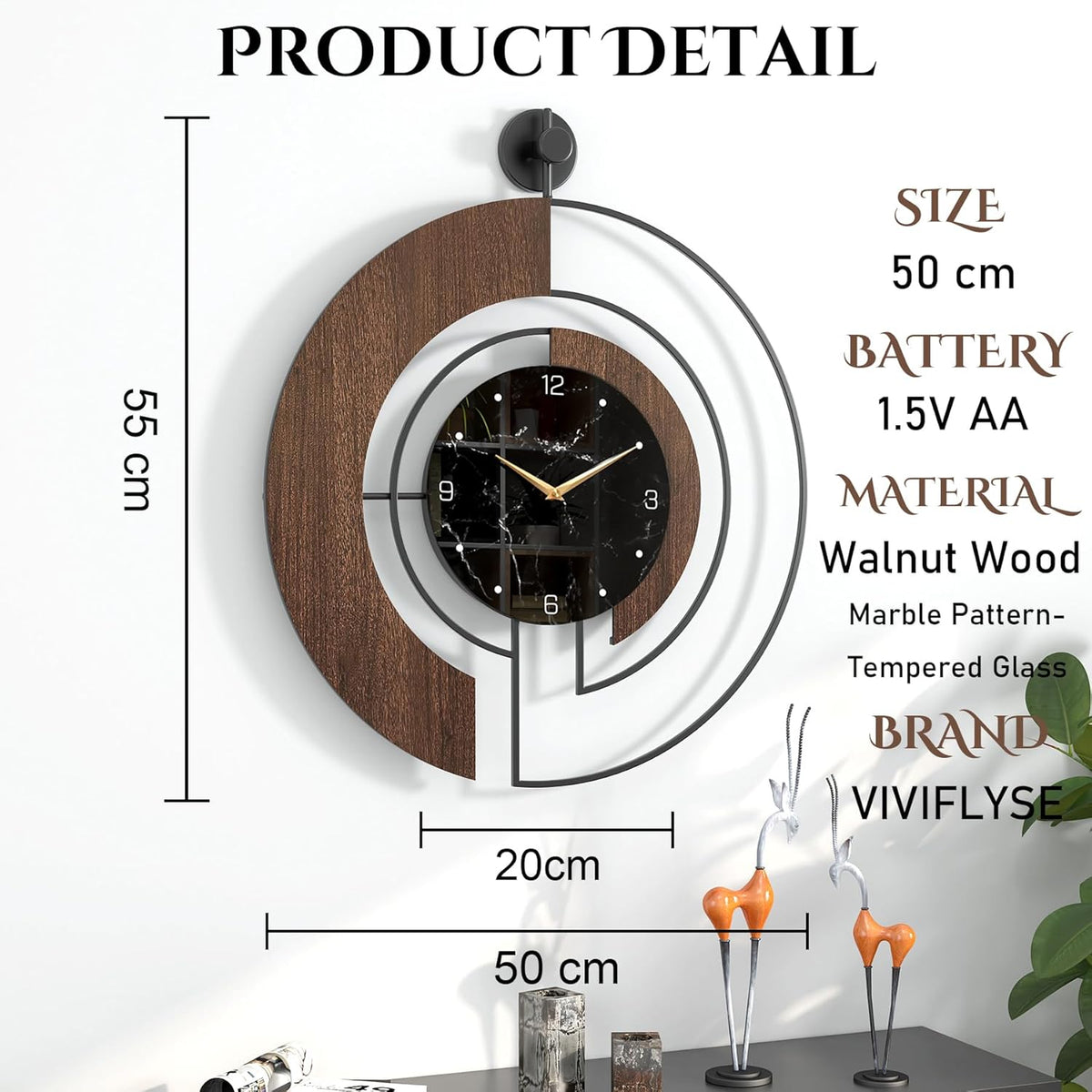 Wall Clock 50cm Walnut Marble Dial Silent Non Ticking Wood Metal Frame Modern