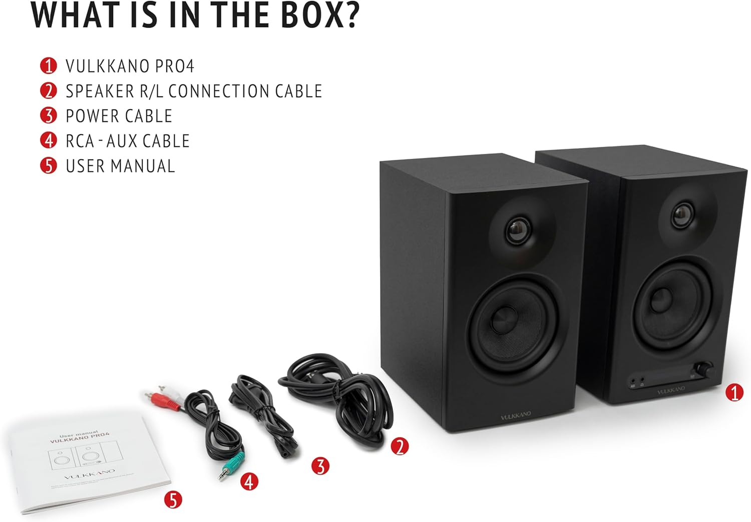 Black speakers with cables and user manual on a white background, listing contents of a box.