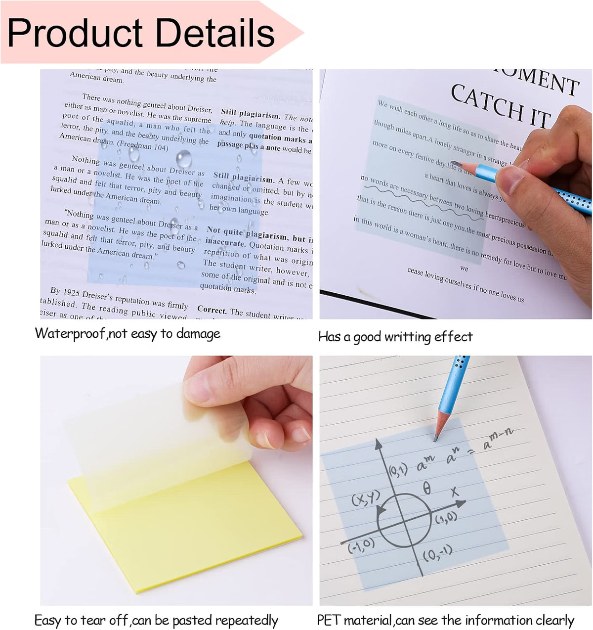 Transparent Sticky Notes 600 Sheets Blue Yellow Clear 95x70mm Removable Yizemay