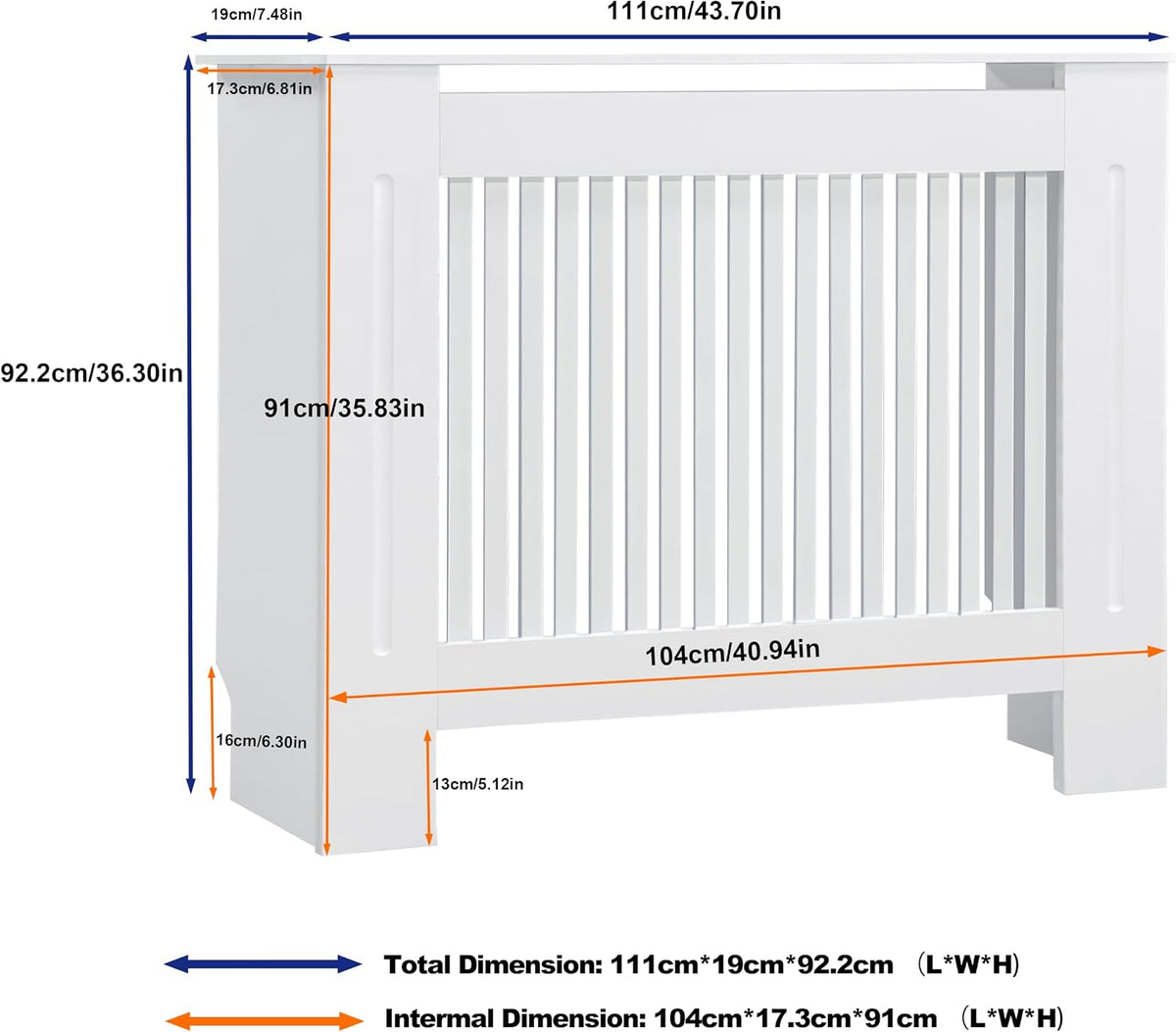 Radiator Cover 100cm Tall White MDF Horizontal Slat Medium Cabinet Fativo