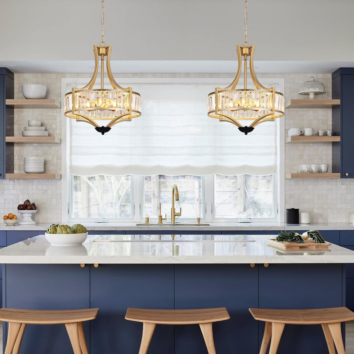 Crystal Chandelier 5 Light Gold Drum Pendant Adjustable Height Modern Ceiling