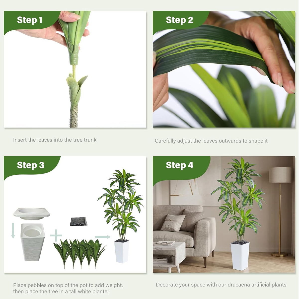 Artificial Dracaena Tree 6FT Tall Faux Indoor Plant White Planter FOSHOI Decor
