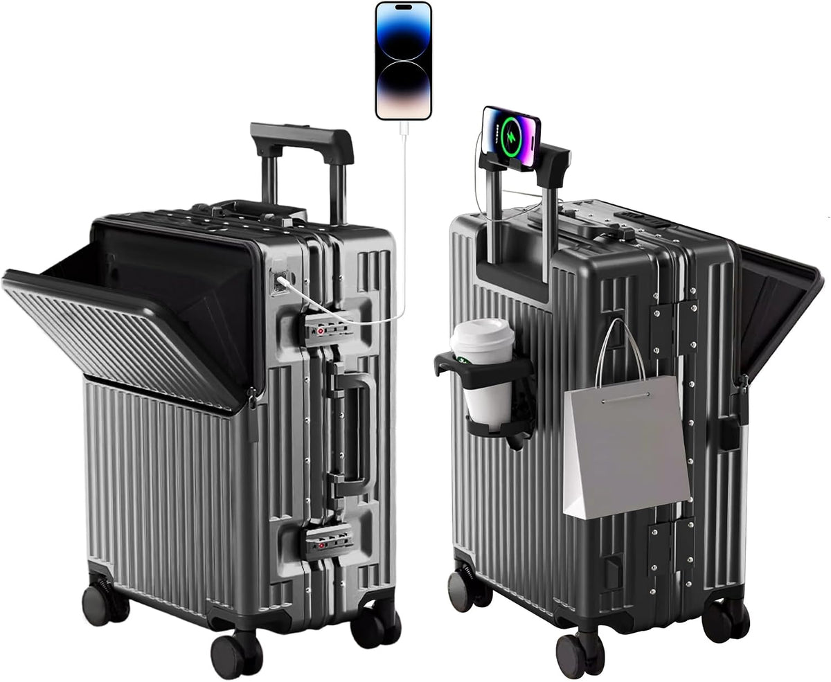 24 Inch Suitcase Hard Shell TSA Lock Aluminium Frame Dark Grey Spinner Luggage