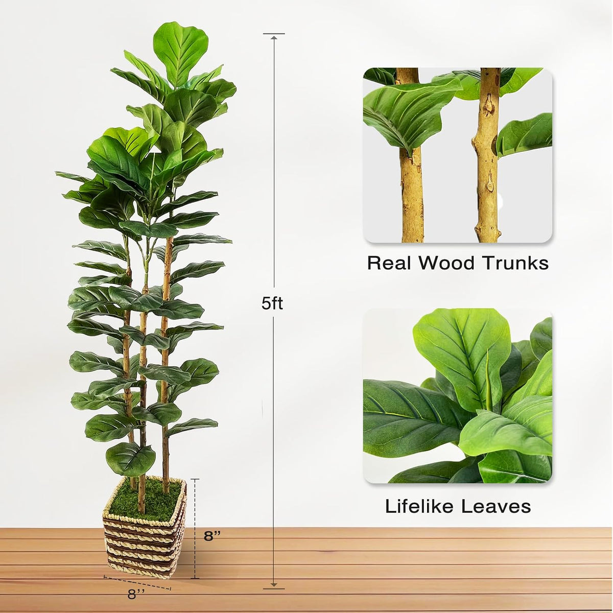 Artificial Fiddle Leaf Fig Tree 150cm Faux Plant Real Wood Trunk Woven Basket