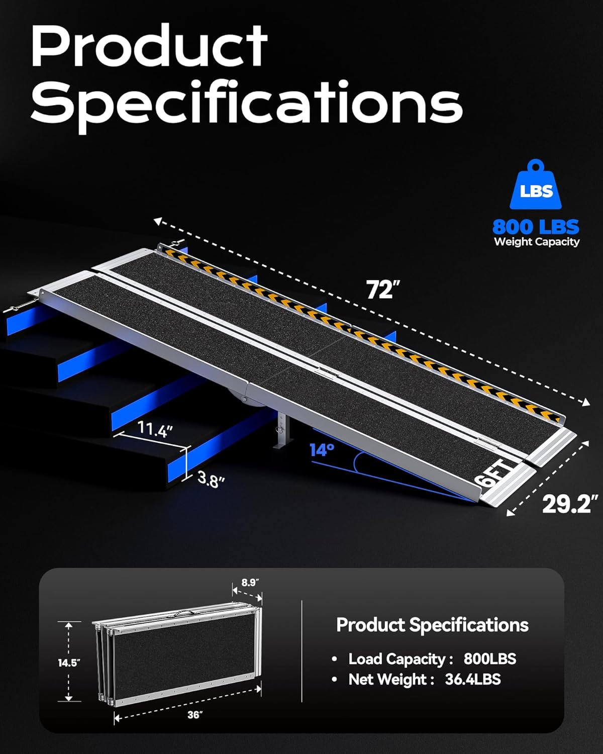 Wheelchair Ramp 6FT Foldable Aluminum 362KG Extra Wide Transition Plate Portable