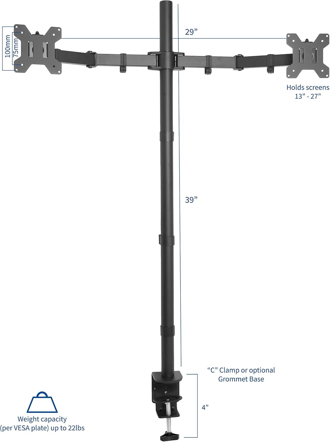 Dual Monitor Stand 27 Inch Extra Tall 39 Inch Pole Adjustable VIVO
