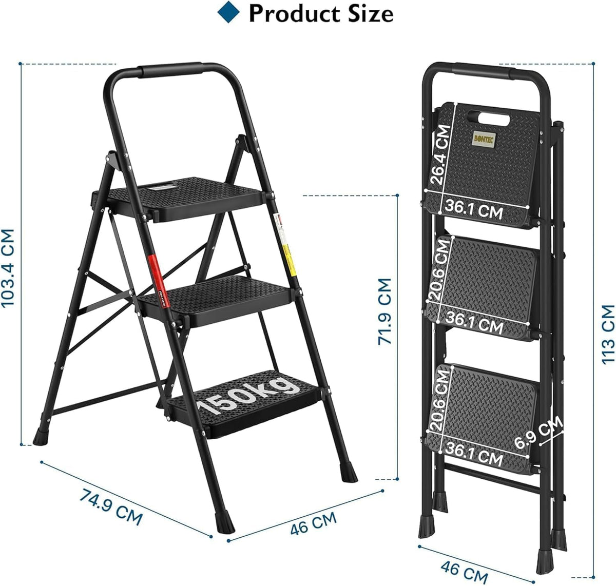 3 Step Ladder Folding Steel Step Stool Wide Anti Slip Pedals 150kg BONTEC Home