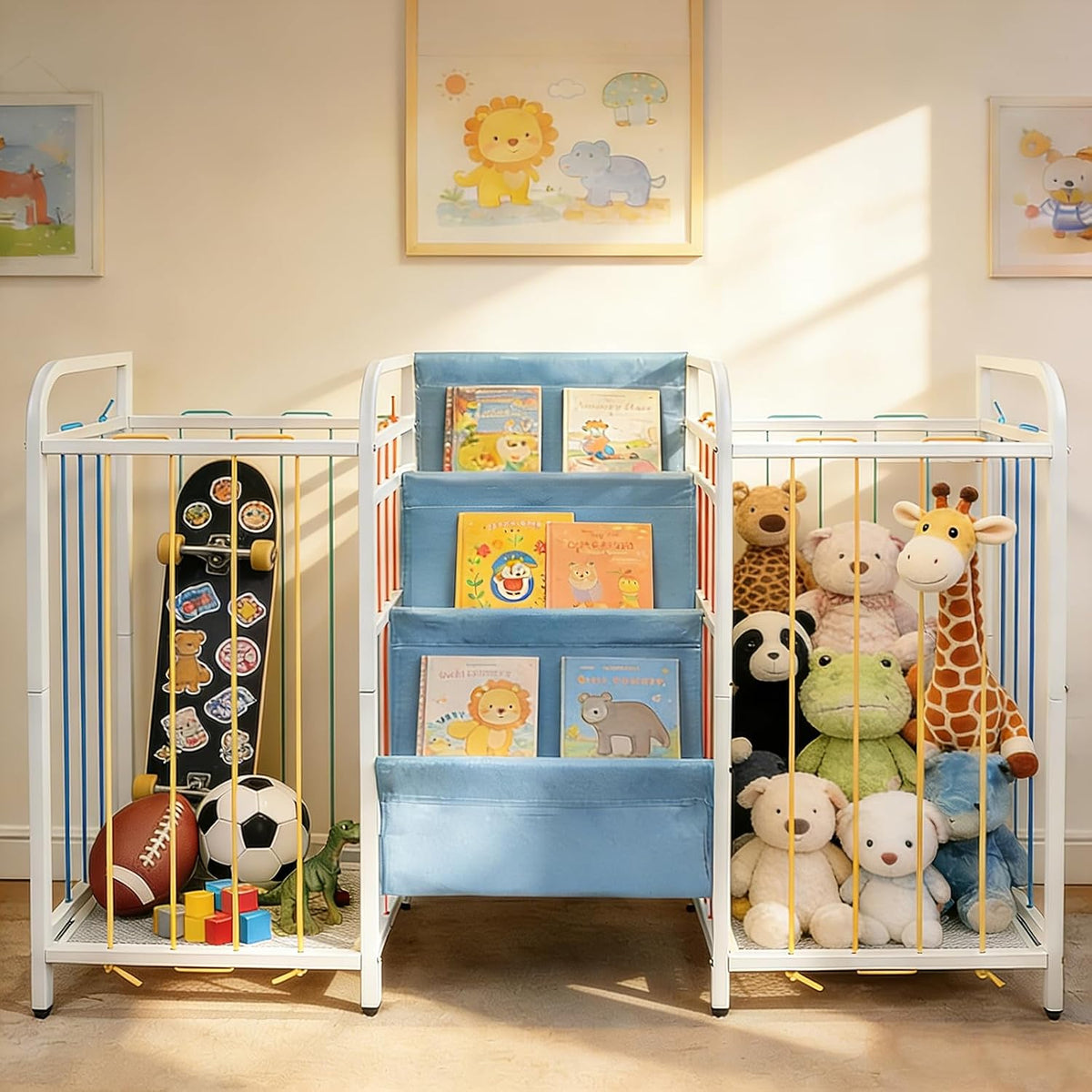 Kids Toy Storage Organiser 3 Tier Bookshelf Montessori White Blue Nursery Unit