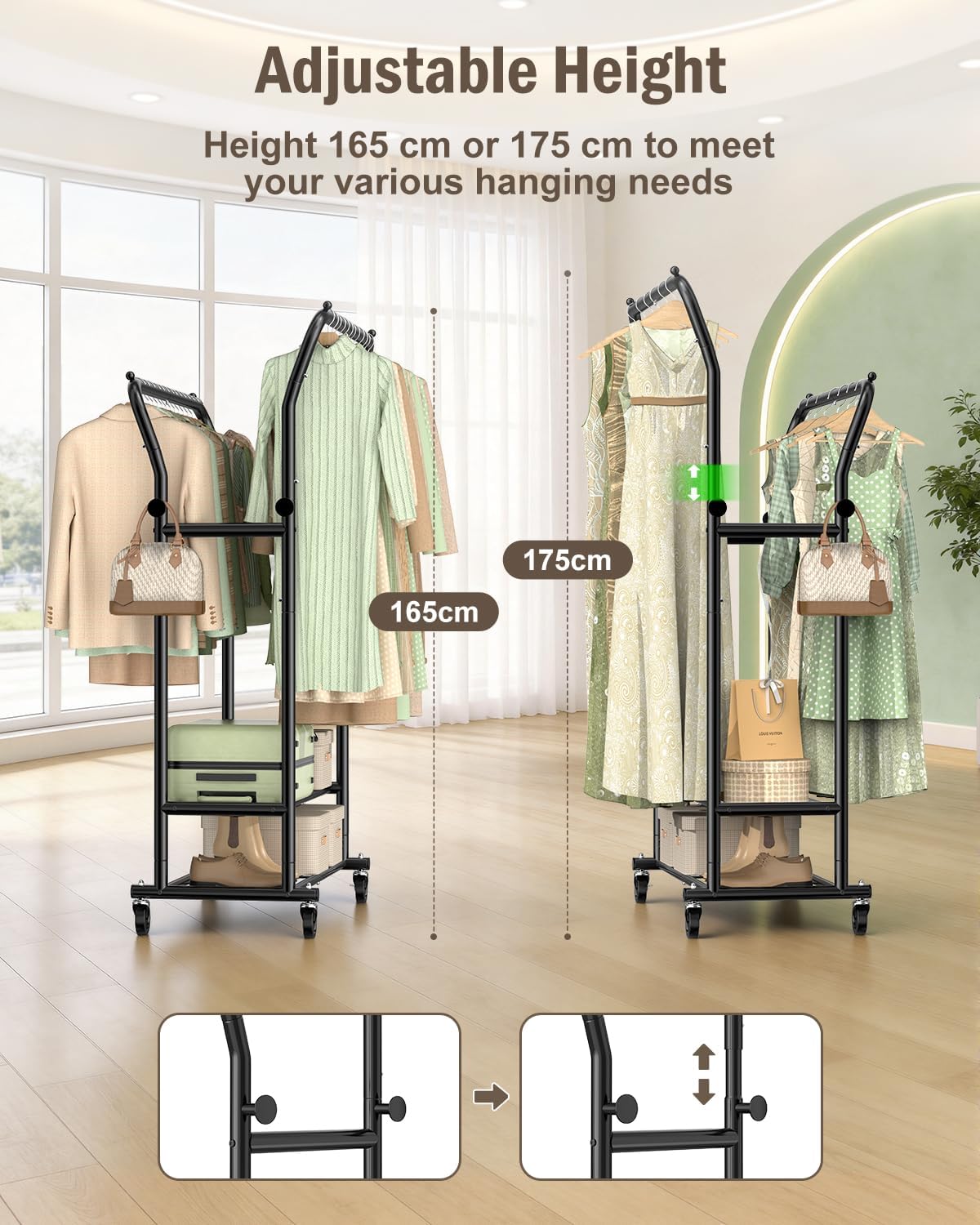 Heavy Duty Clothes Rail 378kg Double Rod Wheels Shelves Hooks Black EAGMAK Rack