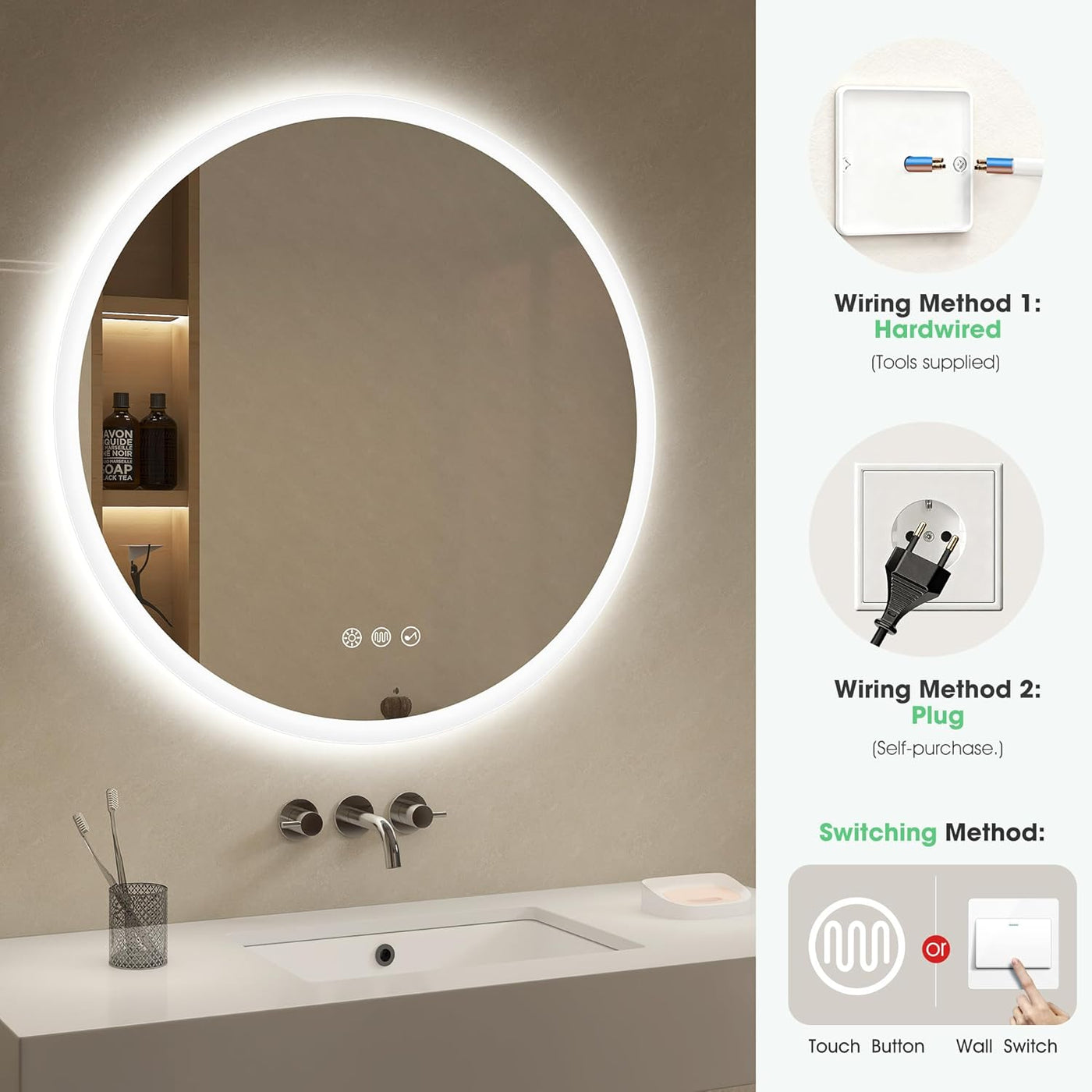 Bathroom vanity with illuminated round mirror and wiring/plugging instructions on the right.