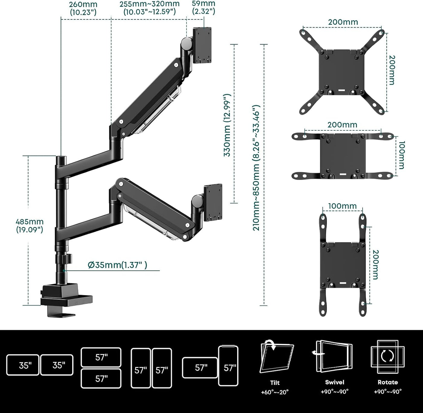 Dual Monitor Arm 24-57 Inch Heavy Duty 27kg VESA 200 Ultrawide Stacked Display
