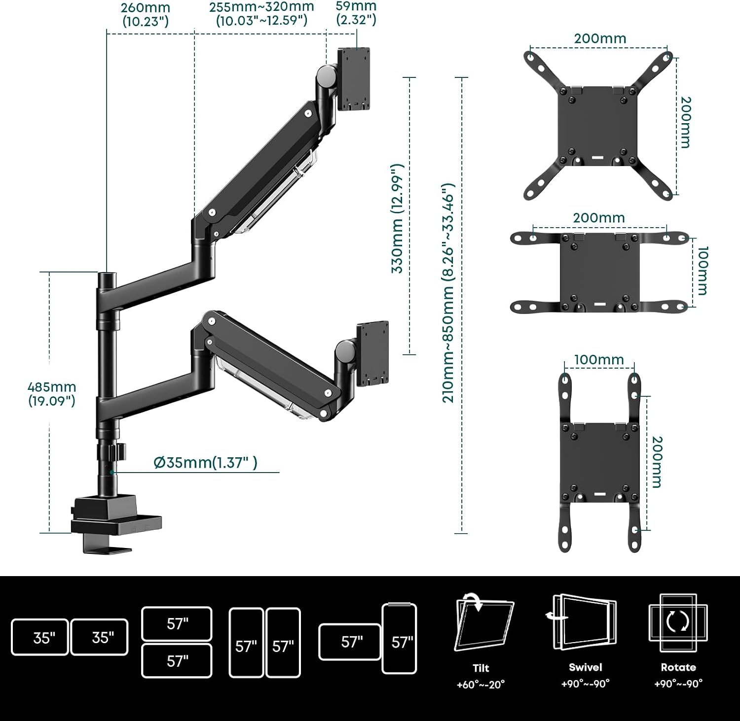 Dual Monitor Arm 24-57 Inch Heavy Duty 27kg VESA 200 Ultrawide Stacked Display