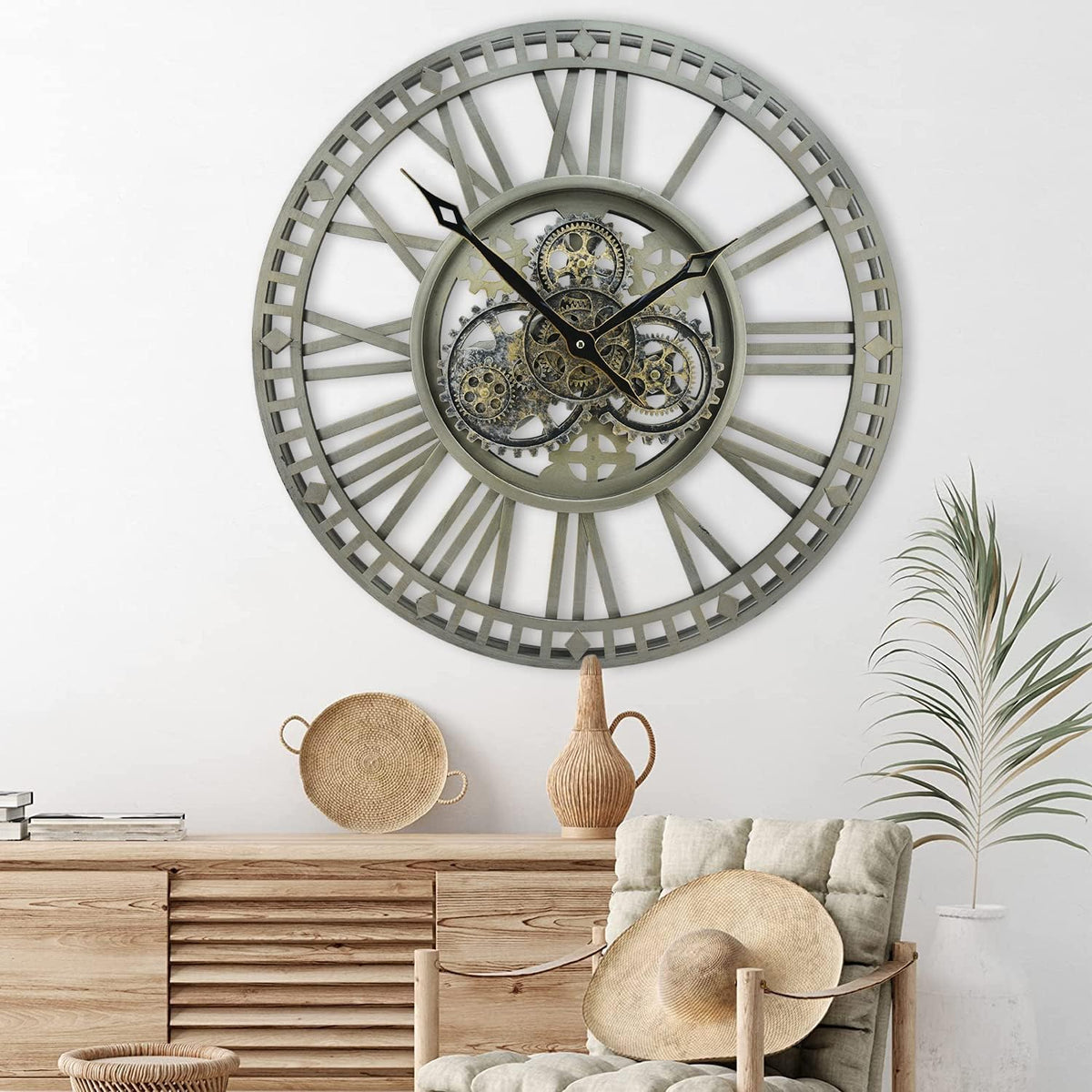 Large Wall Clock 60cm Vintage Bronze Real Moving Gears Industrial Home Decor