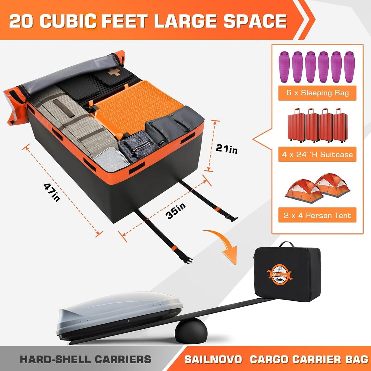 Car Roof Bag 555L Waterproof Foldable Soft Roof Box Cargo Carrier Sailnovo Travel