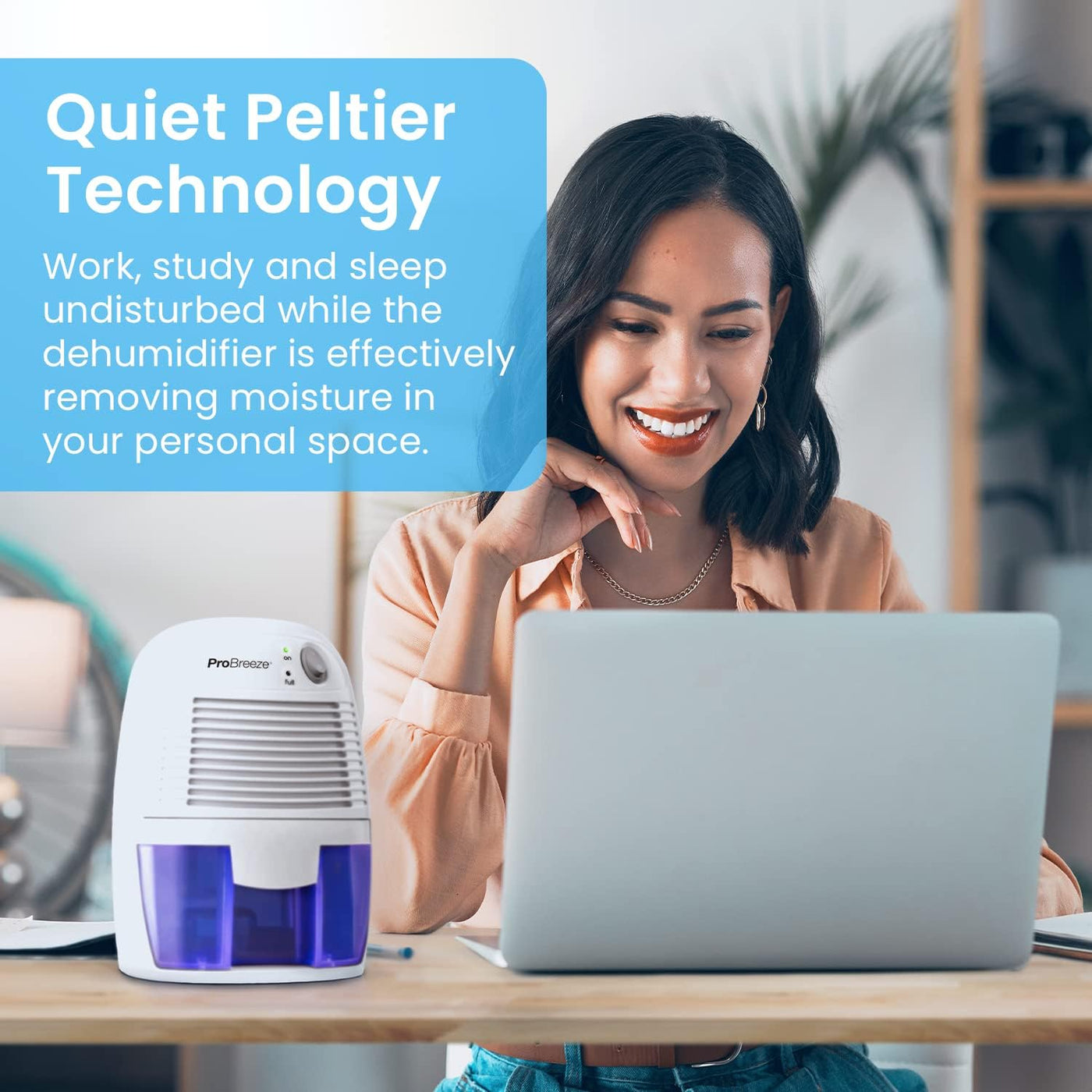 Woman using a laptop with a dehumidifier on a desk, text about Quiet Peltier Technology.