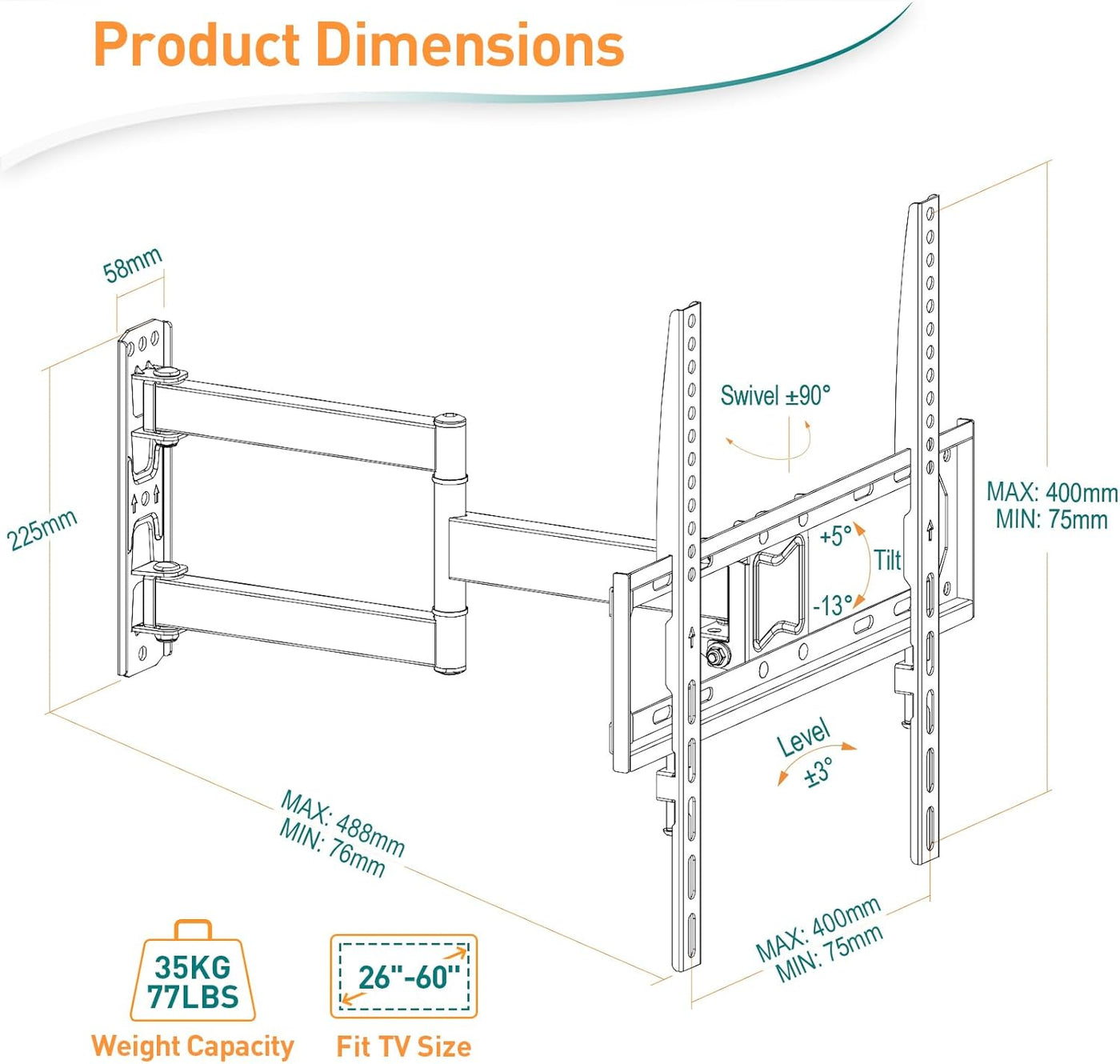 Diagram of a TV wall mount with dimensions and specifications on a white background