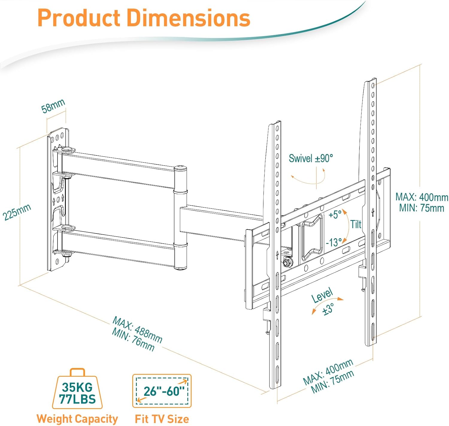 Diagram of a TV wall mount with dimensions and specifications on a white background