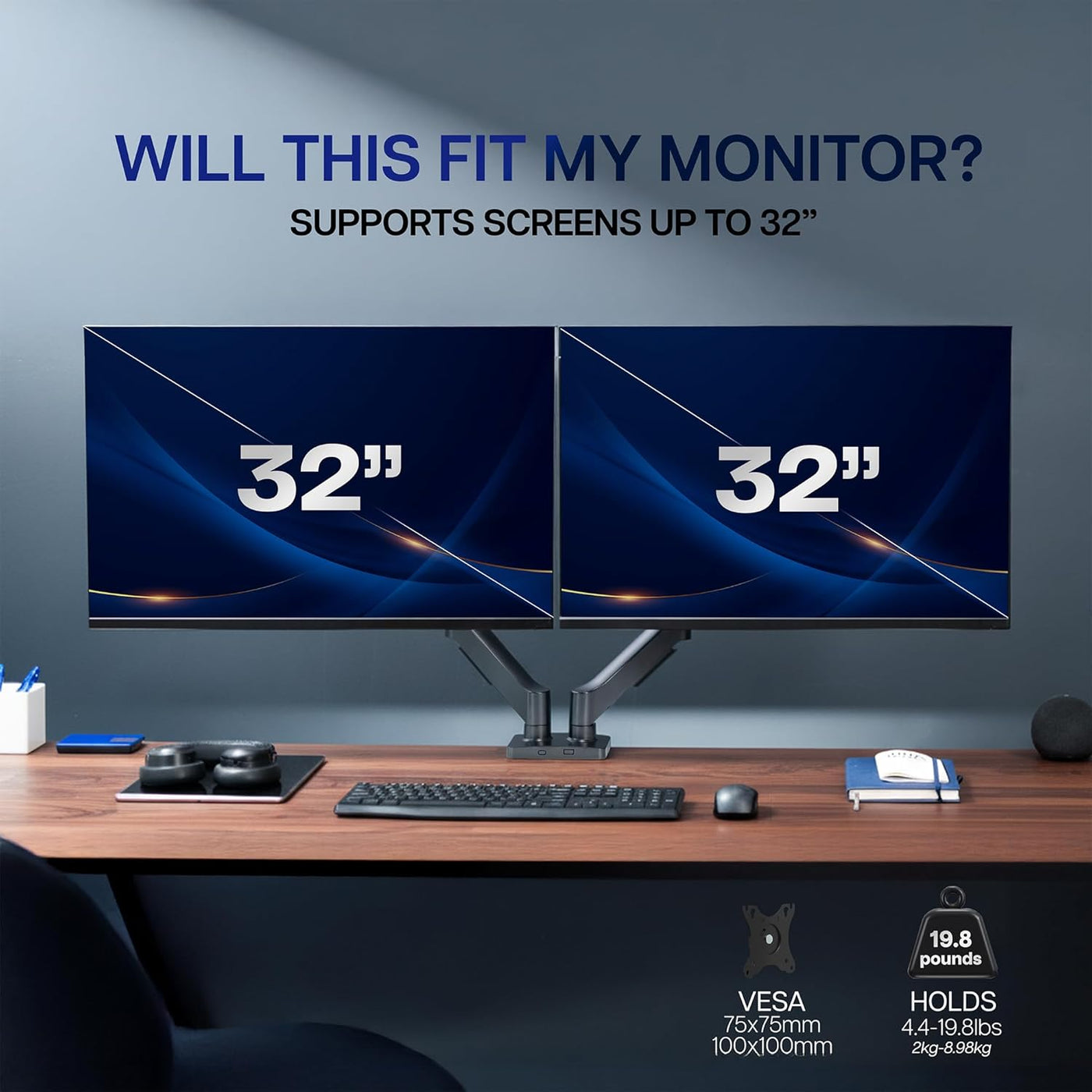 Dual Monitor Desk Mount 32 Inch Pneumatic Adjustable VESA Arms VIVO Classic Stand