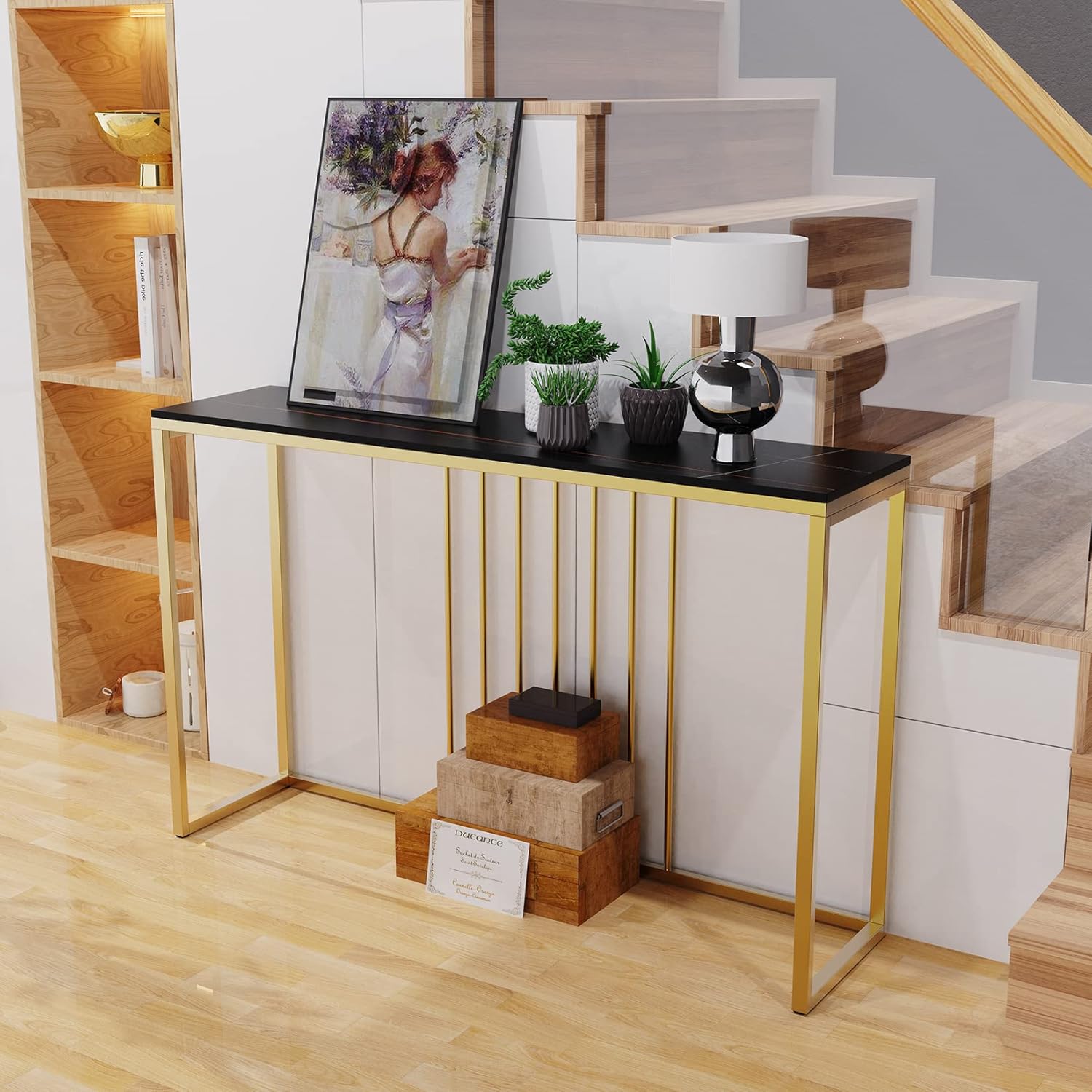 Slim Console Table 120cm, Black Marble Top with Gold Frame for Hallway, Entryway