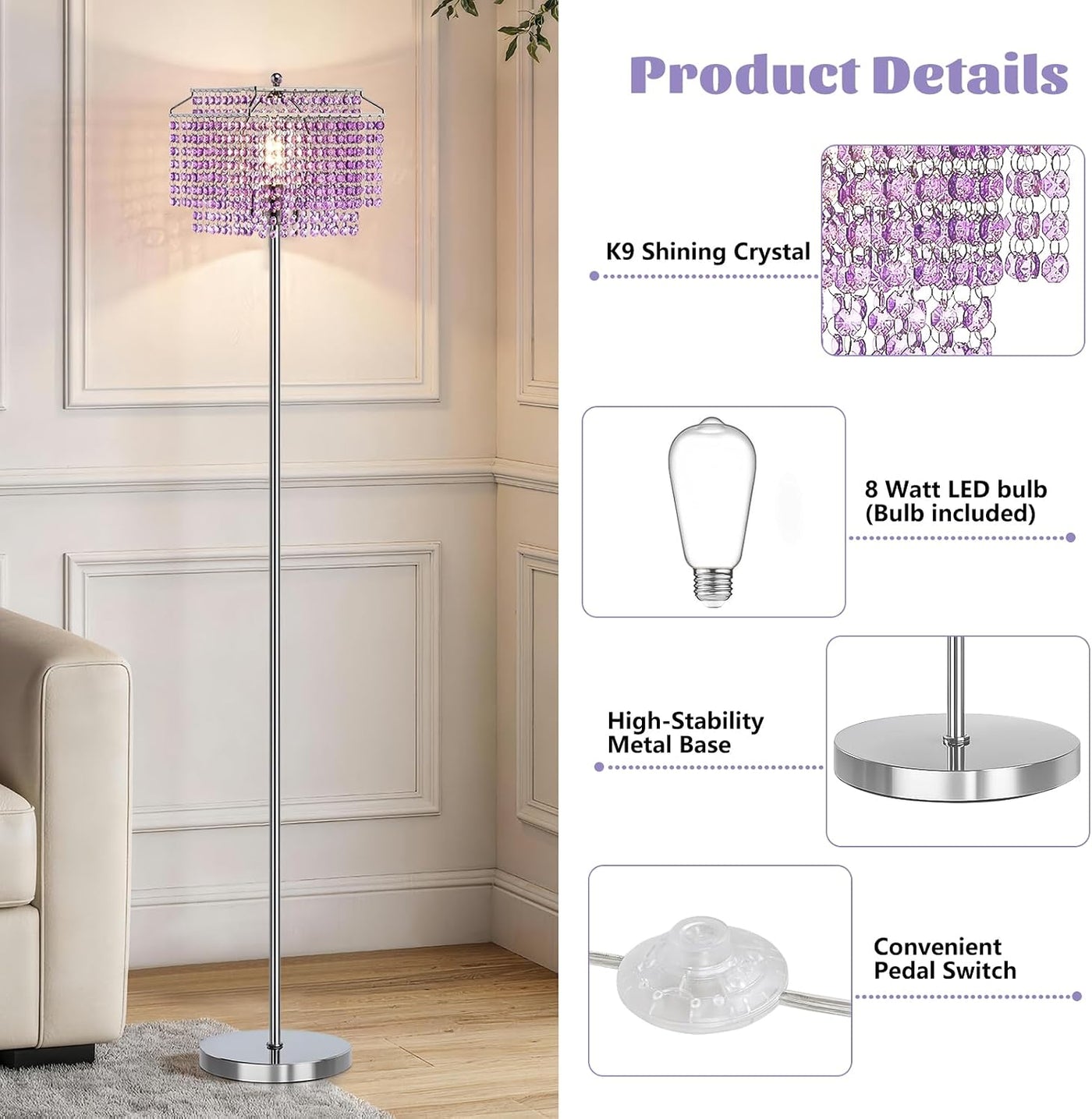 Crystal Floor Lamp Modern Standing Light Foot Switch Living Room Bedroom Elegant