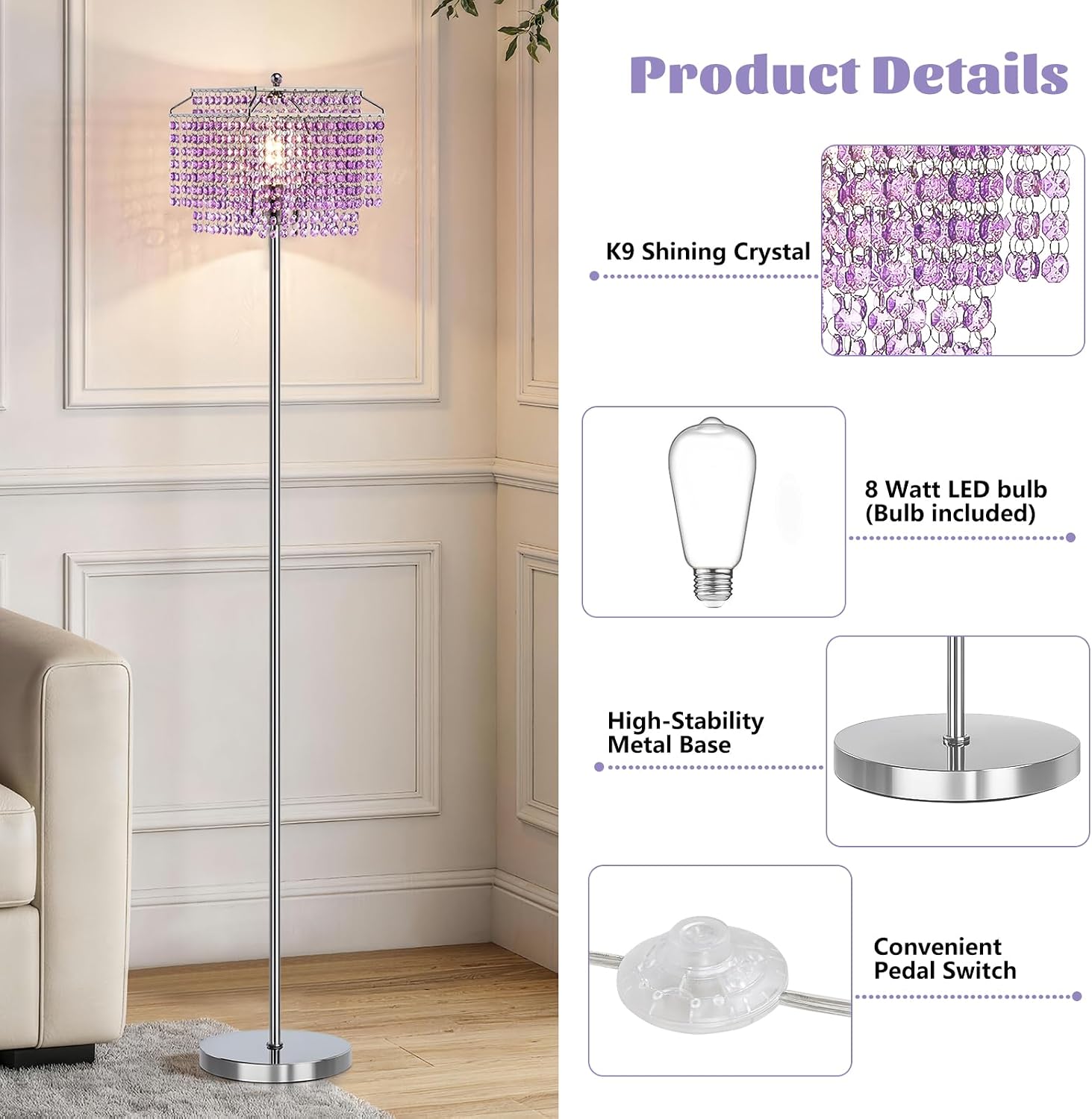 Crystal Floor Lamp Modern Standing Light Foot Switch Living Room Bedroom Elegant