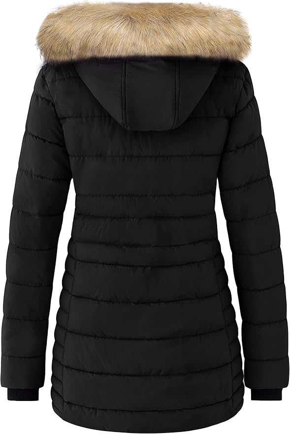 Black puffer jacket with fur-lined hood on a white background