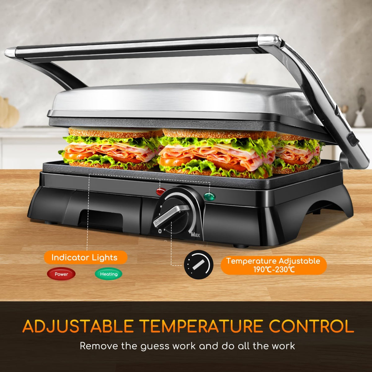 Panini Press 2000W Sandwich Toaster 180° Flat Open Large Grill Aigostar Electric