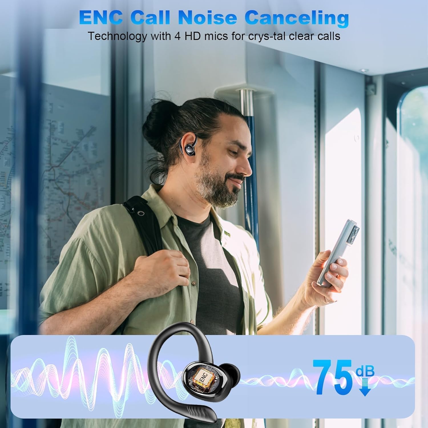 Man using wireless earbuds with noise canceling technology, holding a phone, in an urban setting.