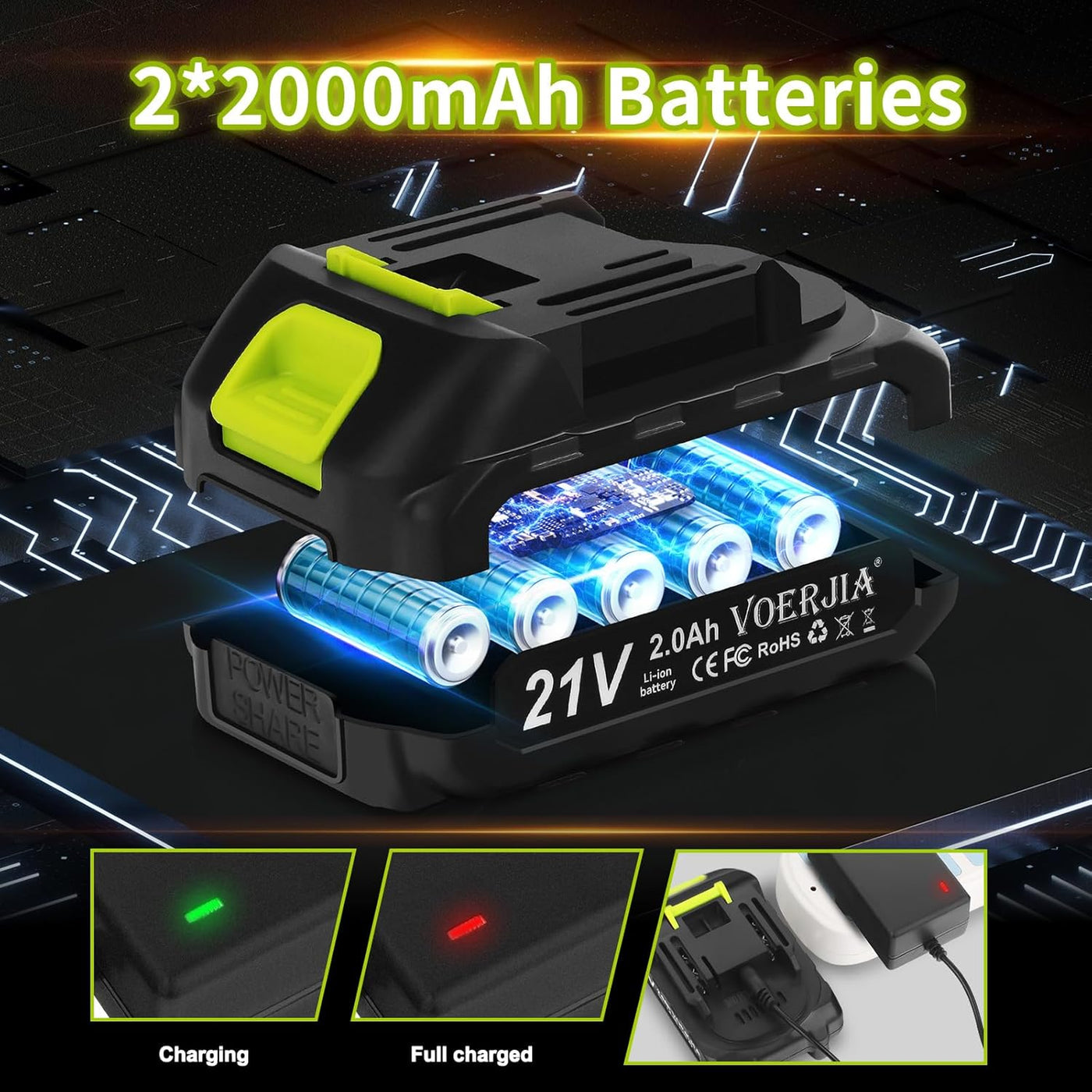 VOERJIA battery pack with 2*2000mAh batteries on a dark background