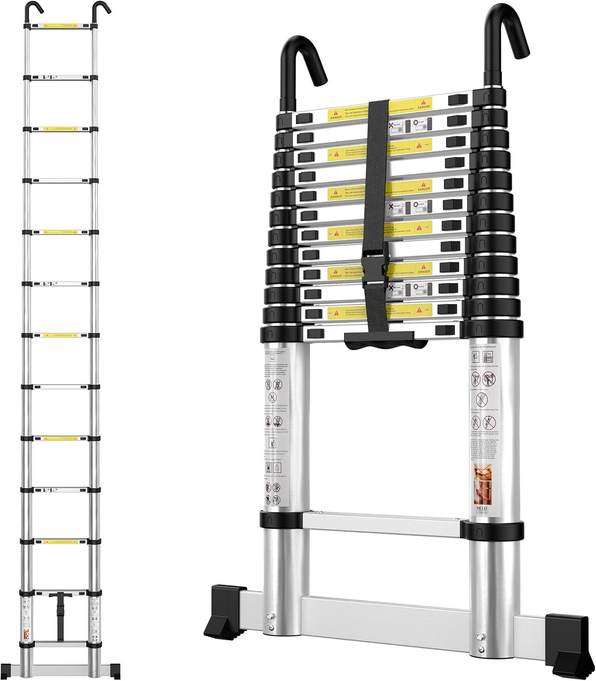 Telescopic Ladder 3.8m Aluminium Extension Stabiliser Bar Hooks EN131 Portable