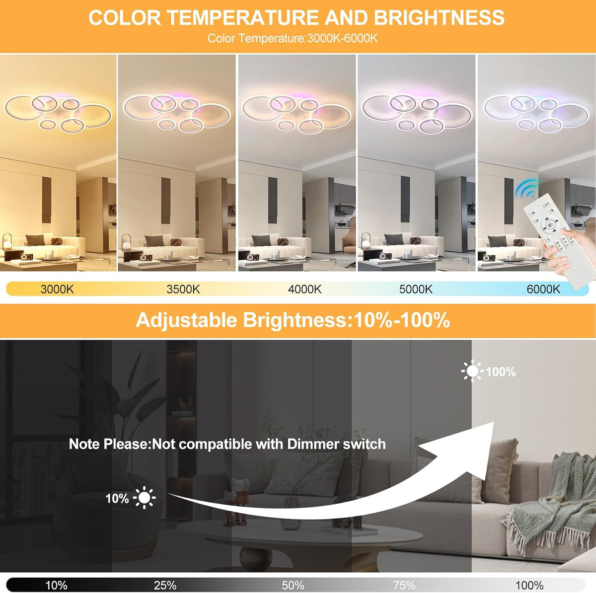 LED Ceiling Light 70W Dimmable Remote 6 Ring Flush Mount Modern Ceiling Lamp Home