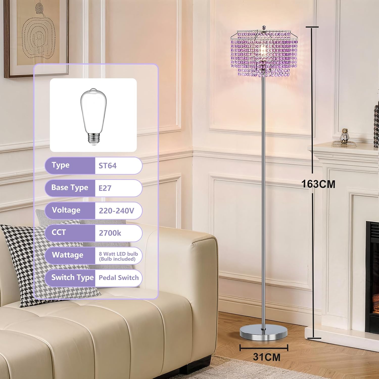 Crystal Floor Lamp Modern Standing Light Foot Switch Living Room Bedroom Elegant