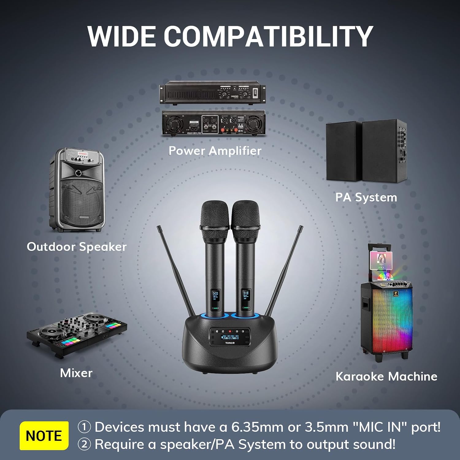 Wireless Microphone System UHF Rechargeable 80m Range Bluetooth TONOR Black