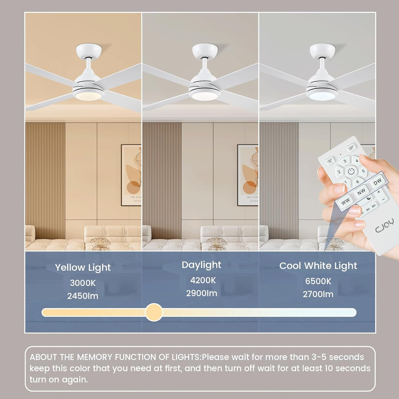 Ceiling Fan With Lights 48 Inch Remote Quiet Reversible White CJOY