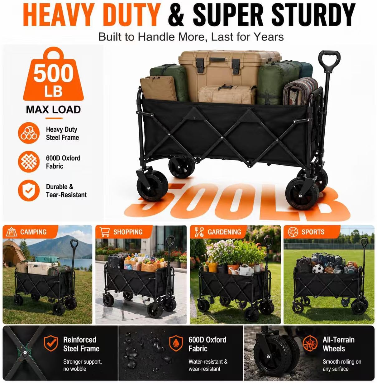 Heavy Duty Folding Wagon Cart 500lbs All Terrain Wheels Garden Trolley Utility